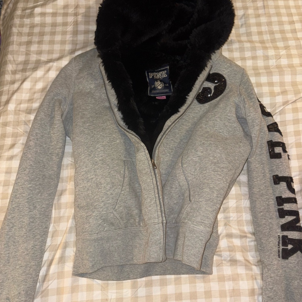 RARE Y2K Black Fur Lining Pink hoodie